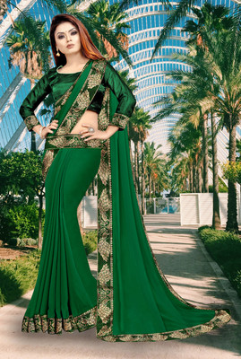 Anugrah Textile Solid/Plain Banarasi Lycra Blend, Chiffon Saree(Green)