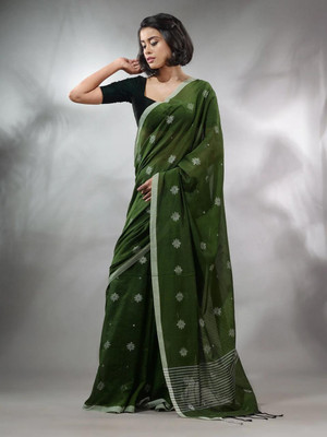 SSP Printed Handloom Cotton Blend Saree(Green)