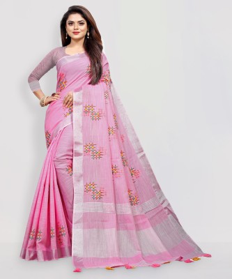 ALAGINI Embroidered, Floral Print Bollywood Cotton Linen, Pure Cotton Saree(Pink)