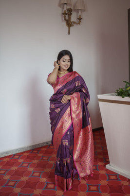 Keswi Fab Printed Banarasi Jacquard, Pure Silk Saree(Magenta)