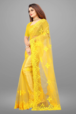 YASHVI Embroidered Bollywood Net Saree(Yellow)