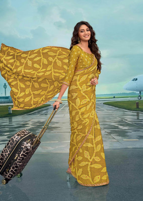Laxmipati sarees Printed Saree with Attached Blouse Silk Blend Saree(Mustard)