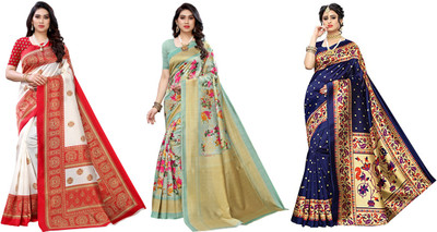 Nirvaan Printed, Woven Mysore Art Silk Saree(Pack of 3, Multicolor)