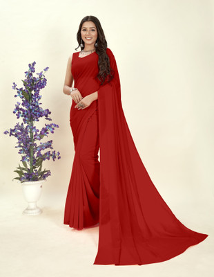 Florona Enterprise Solid/Plain Daily Wear Georgette Saree(Red)