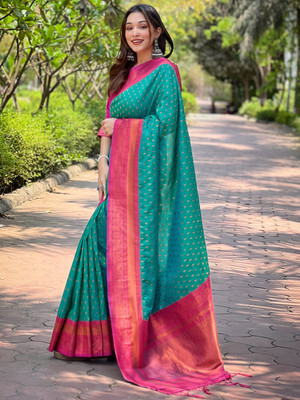 Nayanthara Trends Woven Paithani Silk Blend Saree(Green)