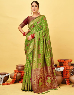 Samah Woven, Embellished Banarasi Silk Blend Saree(Green, Gold, Red)