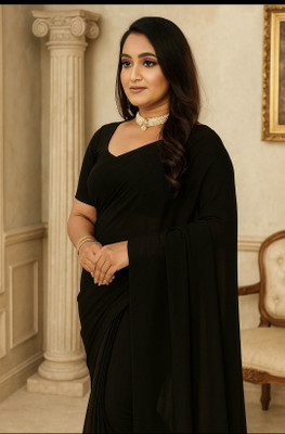 sadi Solid/Plain Bollywood Georgette Saree(Black)