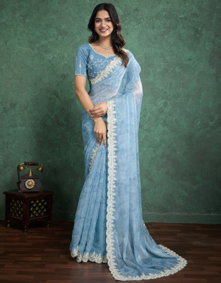 Samah Printed, Digital Print Bandhani Silk Blend, Tissue Saree(Blue)