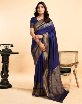 Divastri Solid/Plain Kanjivaram Silk Blend, Jacquard Saree(Dark Blue)