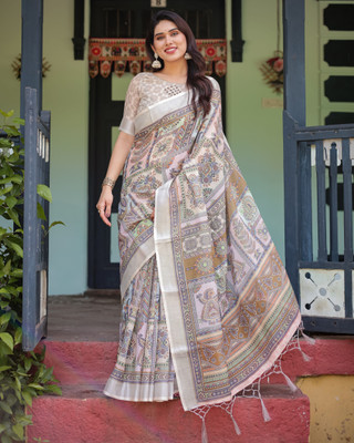 DHAYNAAND REEWA FASHION Floral Print Kanjivaram Linen Saree(Cream)