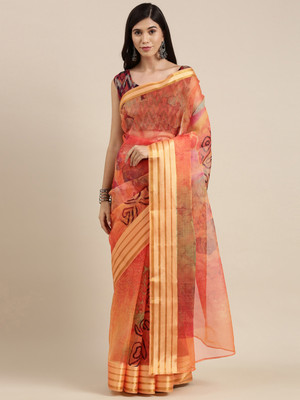 Divastri Floral Print Bollywood Organza Saree(Orange)
