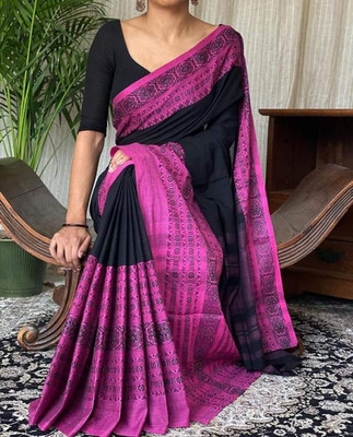 HouseOfCommon Printed Handloom Handloom Cotton Blend Saree(Purple, Black)