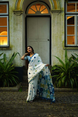 Moda Rapido Floral Print Chanderi Cotton Linen Saree(Multicolor)
