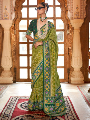 Sareemall Printed Patola Silk Blend Saree(Light Green)