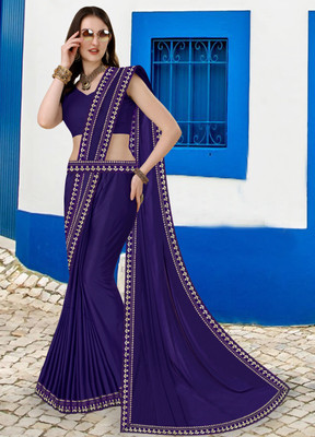 Anugrah Textile Solid/Plain Banarasi Lycra Blend, Chiffon Saree(Blue)