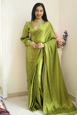 JATADHAR FAB Solid/Plain Ready to Wear Silk Blend Saree(Green)