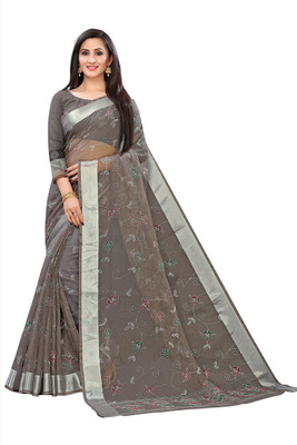 Leeza Store Floral Print Daily Wear Cotton Blend Saree(Grey)