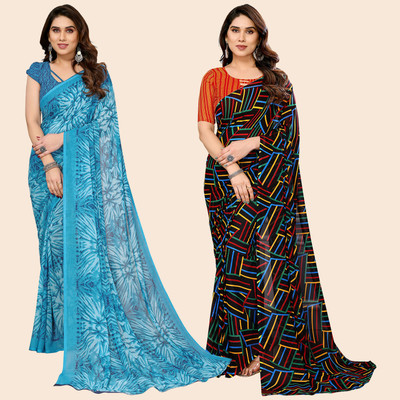 kashvi sarees Printed Daily Wear Georgette Saree(Pack of 2, Light Blue, Multicolor)