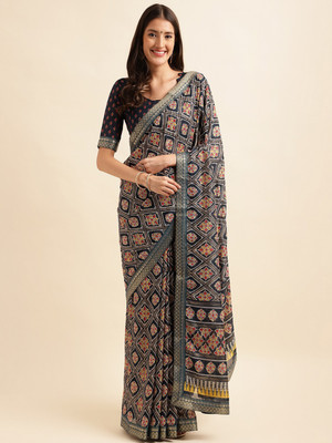 Divastri Printed Bandhani Silk Blend Saree(Blue)