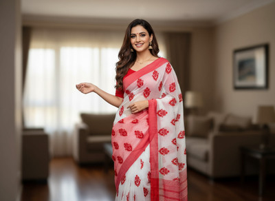 Sarkar Textiles Floral Print Bandhani Cotton Silk, Cotton Blend Saree(Red, White)