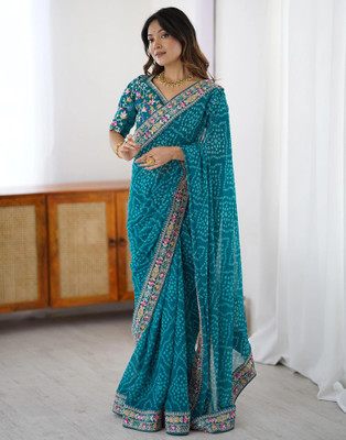 Satrani Printed, Embellished, Embroidered Bandhani Georgette Saree(Blue)