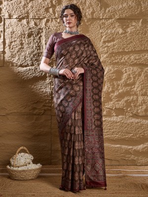 Sareemall Printed Daily Wear Silk Blend Saree(Brown)