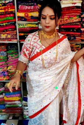 SimaGarments Woven, Temple Border Jamdani Cotton Silk Saree(White)