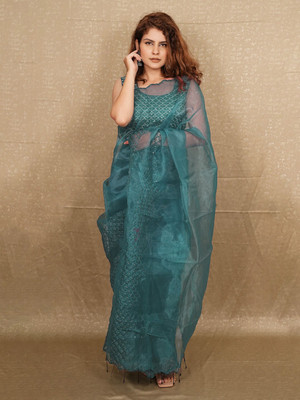 ANOUK Embroidered Saree with Attached Blouse Organza Saree(Blue)