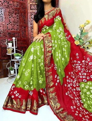 rajranitextiles Printed Bandhani Georgette Saree(Light Green, Red)