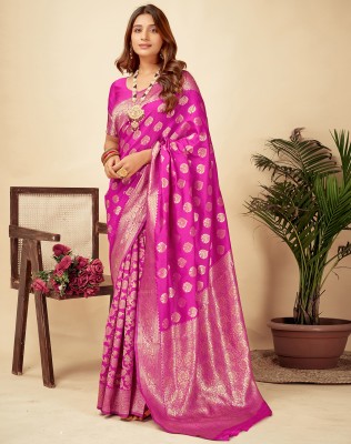 SIRIL Dyed, Self Design, Woven Banarasi Silk Blend, Jacquard Saree(Magenta, Gold)