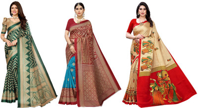 YASHIKA Printed Daily Wear Art Silk Saree(Pack of 3, Dark Green, Blue, Red, Beige)
