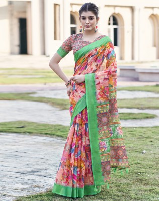 SIRIL Digital Print, Floral Print, Geometric Print Bollywood Cotton Linen Saree(Multicolor)