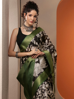 LIBAS Printed Daily Wear Silk Blend Saree(Black)