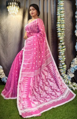 OSARIO Woven Jamdani Cotton Silk Saree(Pink)