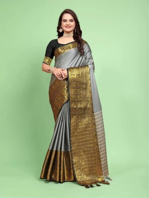 NIYAMI Printed, Self Design, Temple Border, Woven, Floral Print, Solid/Plain Banarasi Jacquard, Cotton Silk Saree(Grey)