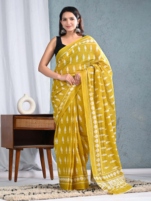 Shiv Shakti Emorium Printed Daily Wear Pure Cotton Saree(Yellow)