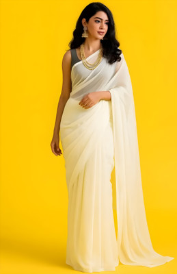 Queenchoice Solid/Plain Daily Wear Chiffon Saree(Cream)