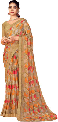 INDONIQ Geometric Print, Graphic Print, Printed Bollywood Chiffon, Lace Saree(Beige, Orange)