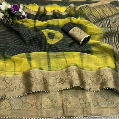 Adiyogi Enterprise Striped, Tie-Dye, Woven Bollywood Organza Saree(Black, Grey)