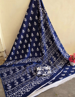 LOVWEAR Printed Ikkat Pure Cotton Saree(Dark Blue)