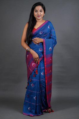 Rnn Self Design Handloom Pure Cotton Saree(Blue)