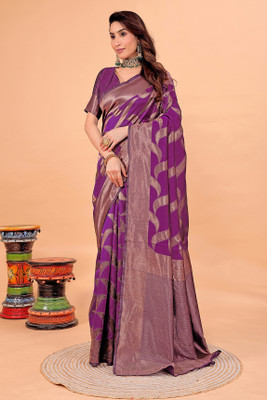 VARUTEX Woven Banarasi Pure Silk Saree(Purple)