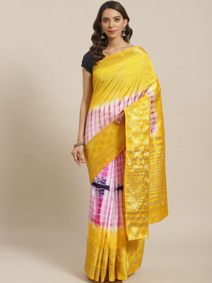 Saanjh Solid/Plain Saree with Attached Blouse Silk Blend Saree(Yellow)