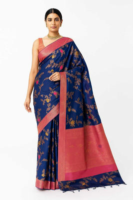 seema collection Floral Print, Woven, Embellished Handloom Silk Blend Saree(Blue)