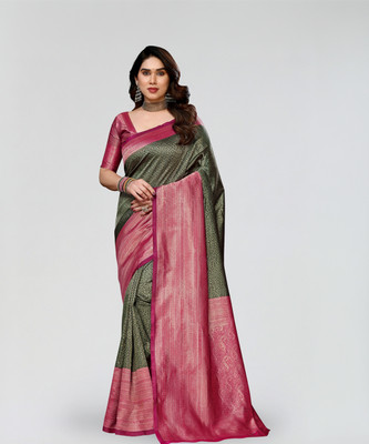 ANIRAV Embroidered, Self Design, Woven Kanjivaram Art Silk, Jacquard Saree(Green, Maroon)