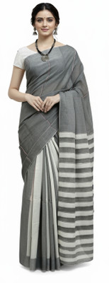 ShivMaya Striped, Self Design Handloom Pure Cotton Saree(White, Grey)
