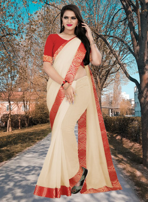 Volmina Solid/Plain Chanderi Cotton Blend Saree(Cream)