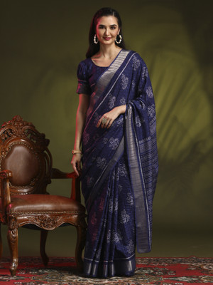 Sareemall Printed Madurai Silk Blend Saree(Dark Blue)