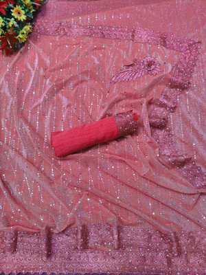 Online Bazaaar Embellished Bollywood Lycra Blend Saree(Pink)