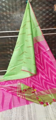 Khushi Printed Handloom Cotton Linen Saree(Green, Pink)